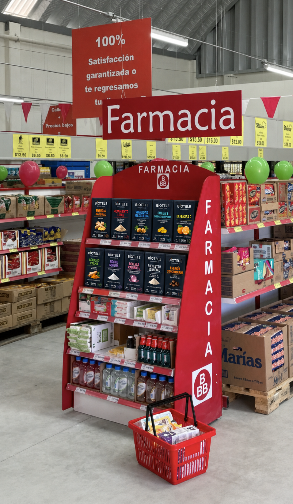 Exhibición proporcional de diez productos Biotele en una farmacia 3B / Proportional display of ten Biotele products in a 3B pharmacy